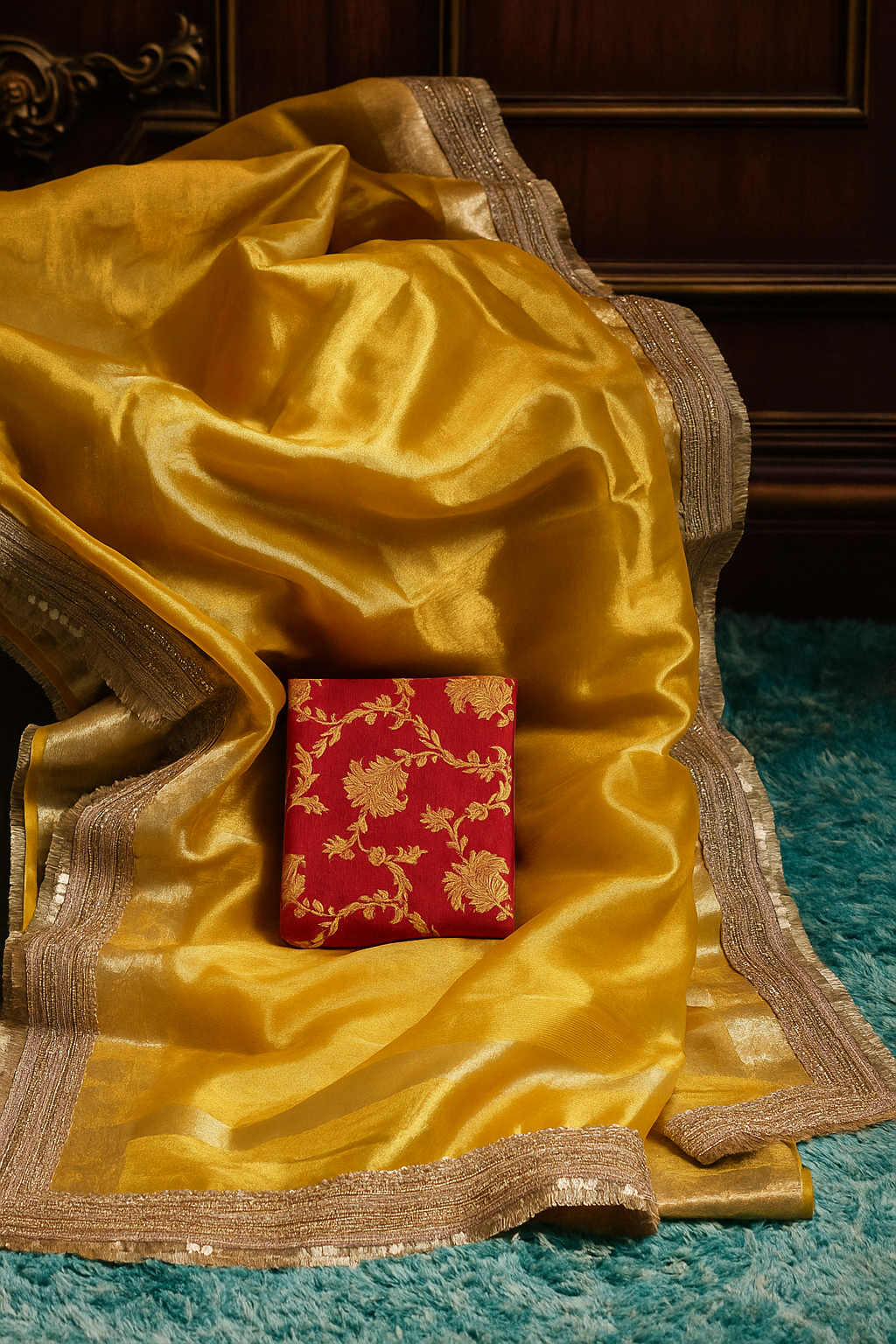 Golden Yellow Maharani Tissue Saree with Zari & Lace Border 