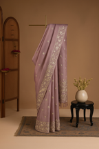 Lavender Real Tissue Saree with Hand Embroidered Peacock & Floral Motifs