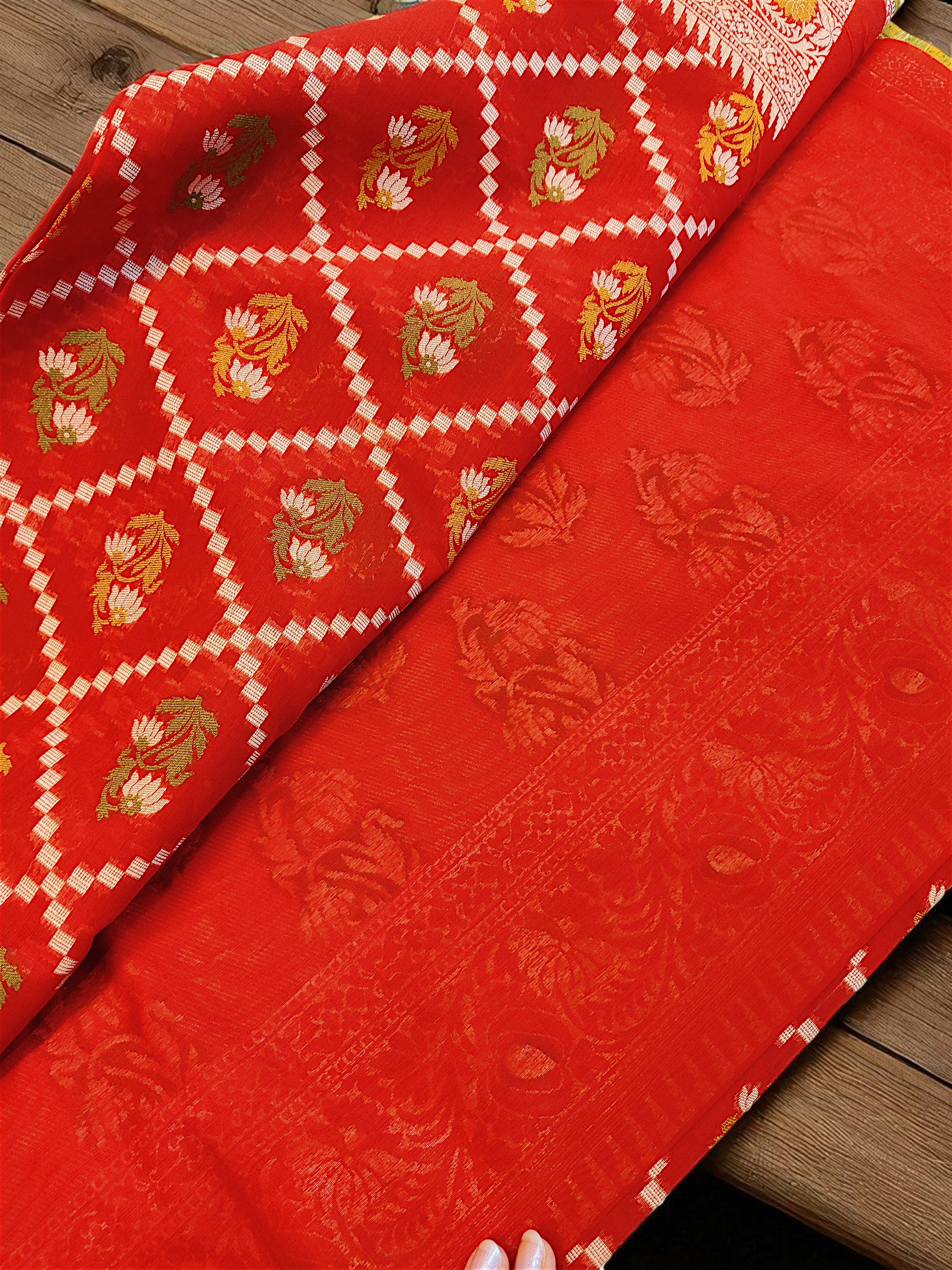 Traditional Red Cotton Meenakari & Paithani Saree