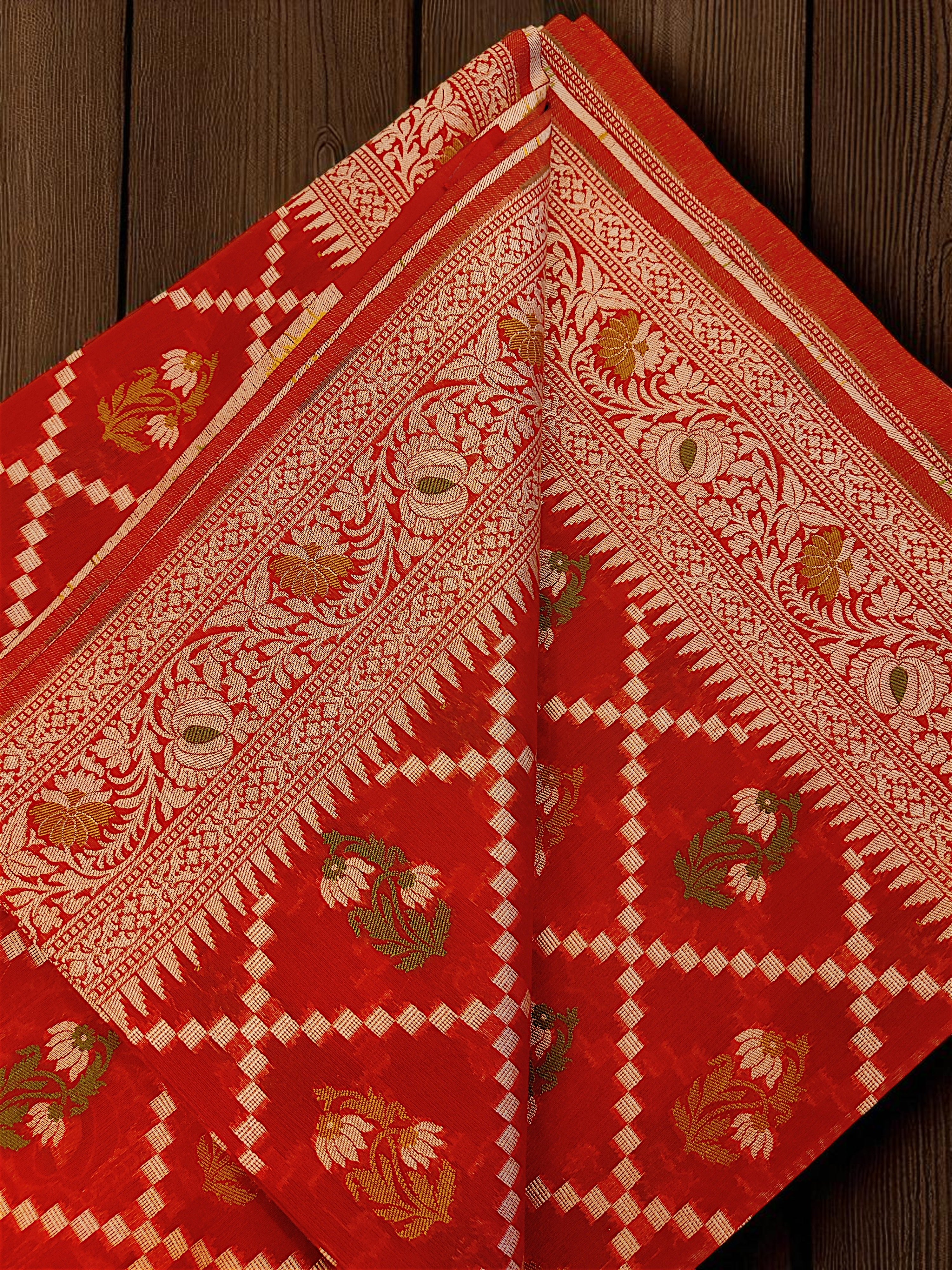 Traditional Red Cotton Meenakari & Paithani Saree