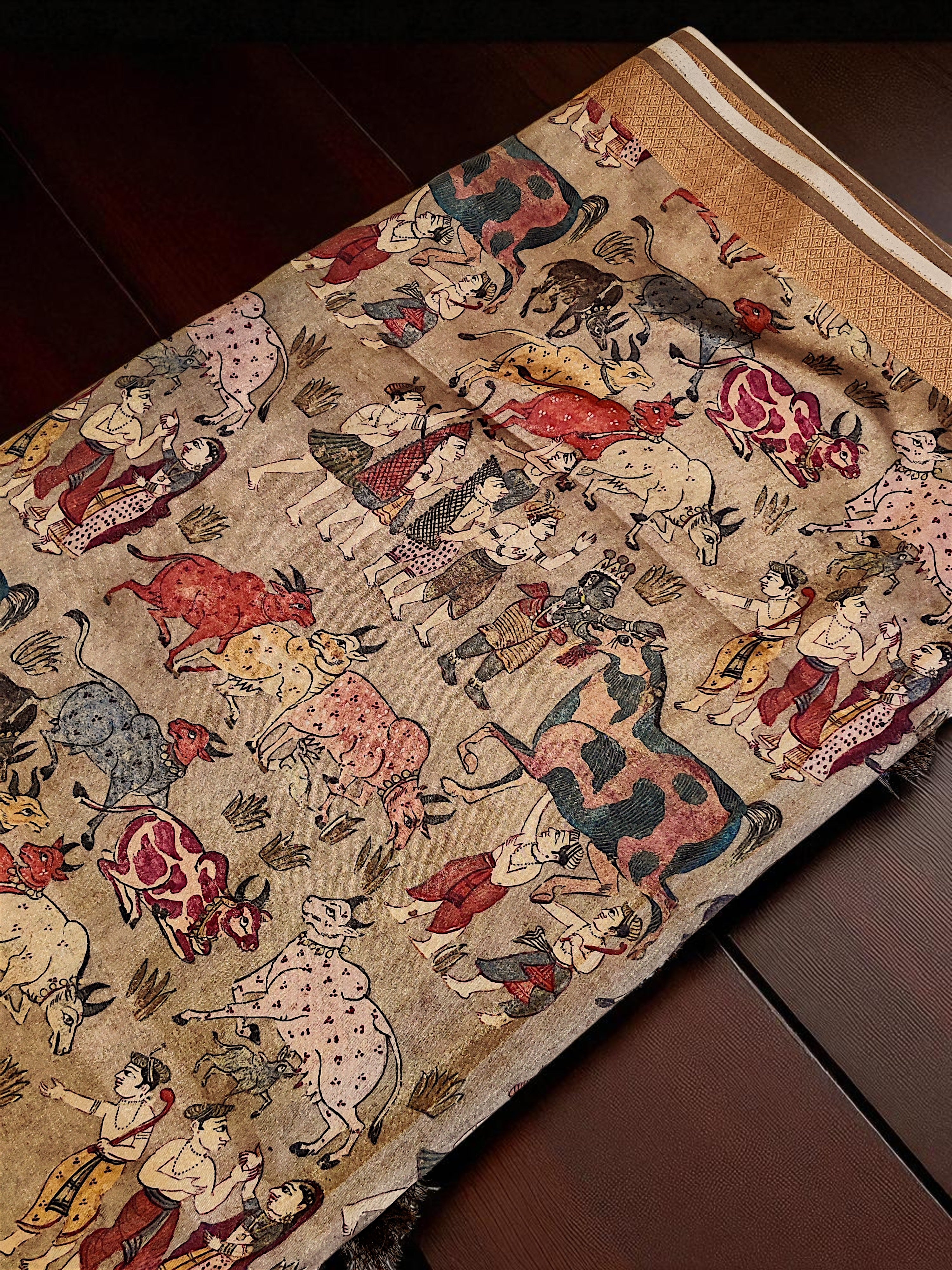 Kalamkari Tussar Silk Saree with Traditional Cow & Village Art Motifs