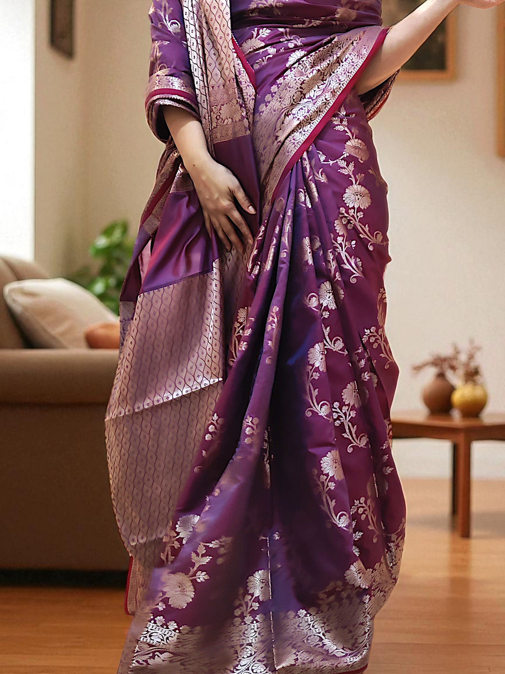 Wine Purple Banarasi Silk Saree for Women with Floral Garden Motifs & Heavy Pallu