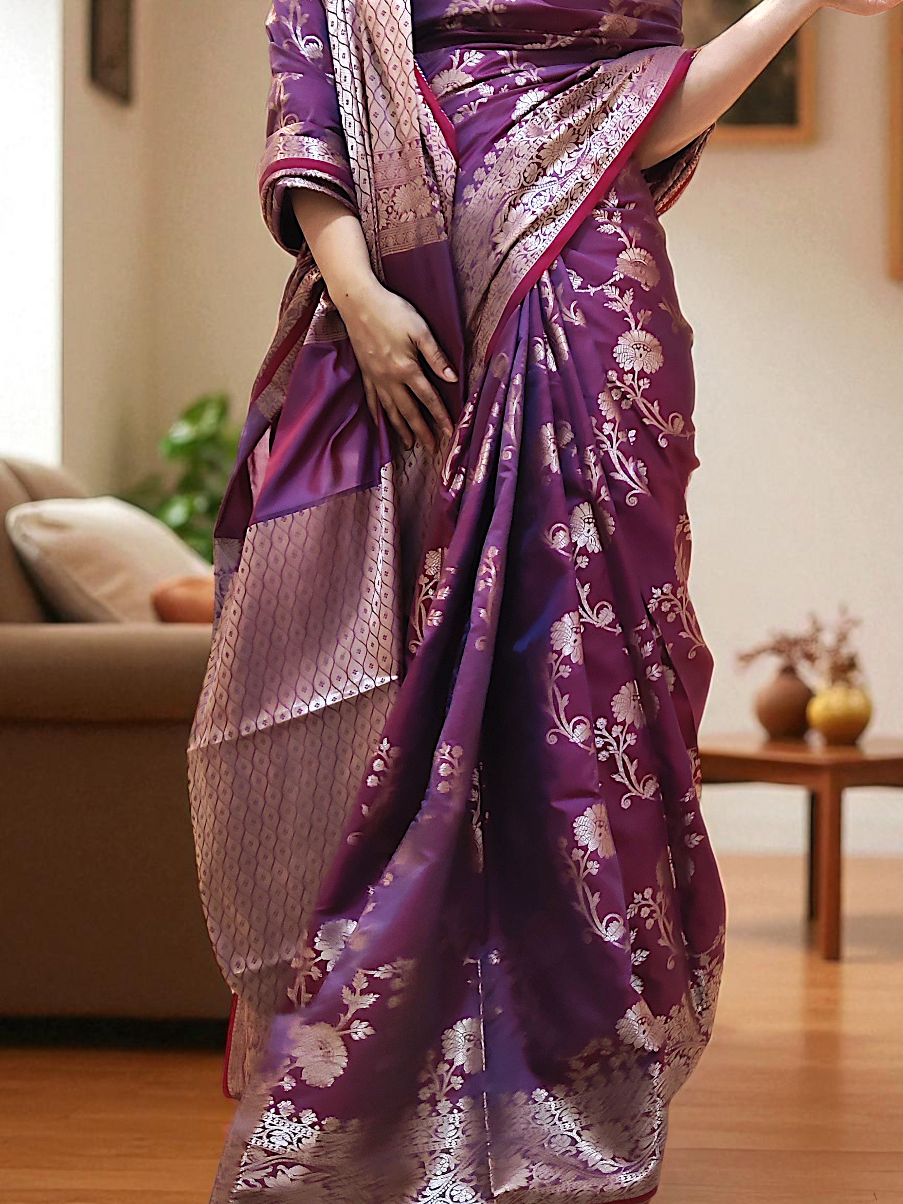 Wine Purple Banarasi Silk Saree for Women with Floral Garden Motifs & Heavy Pallu