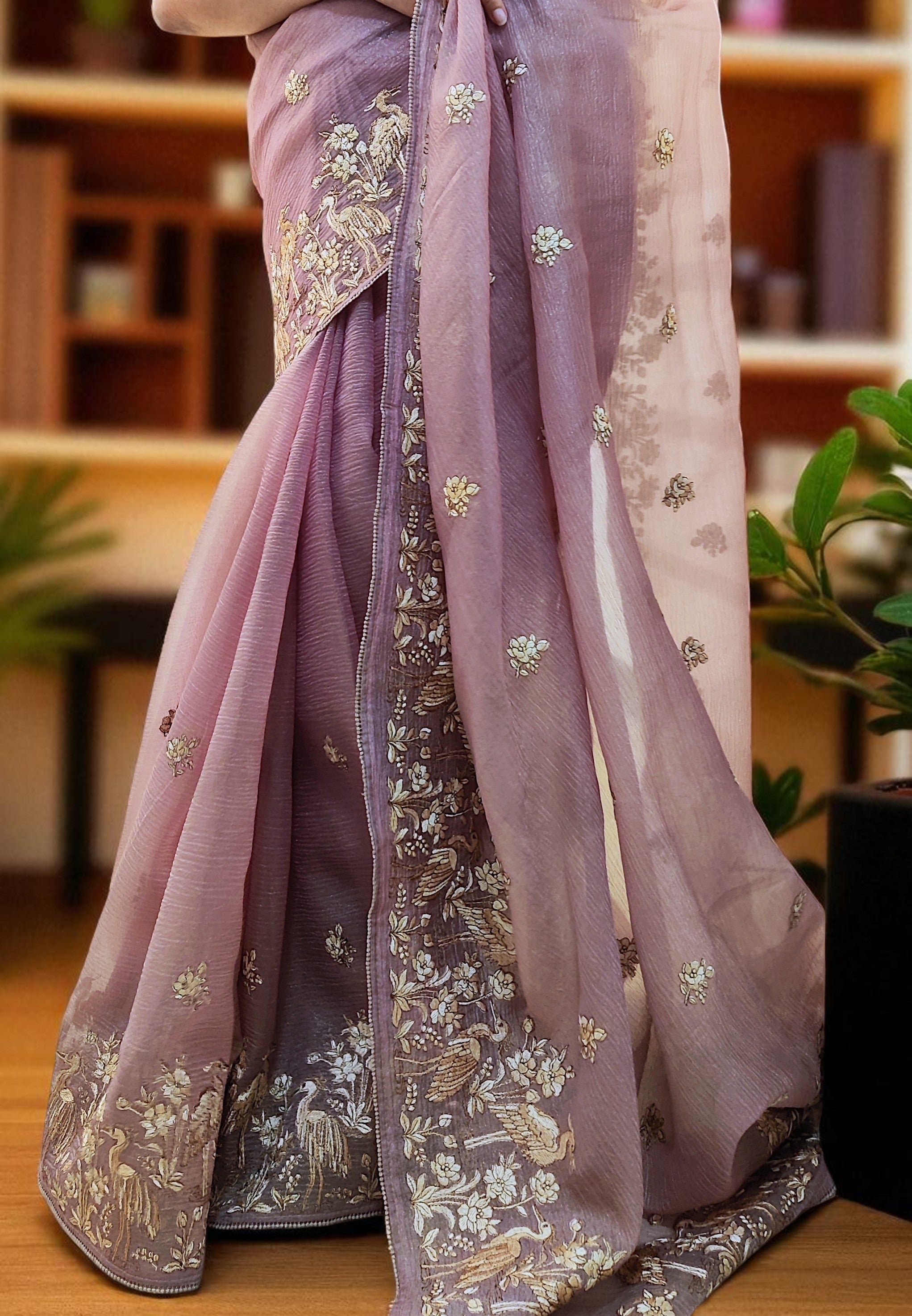 Lavender Real Tissue Saree with Hand Embroidered Peacock & Floral Motifs