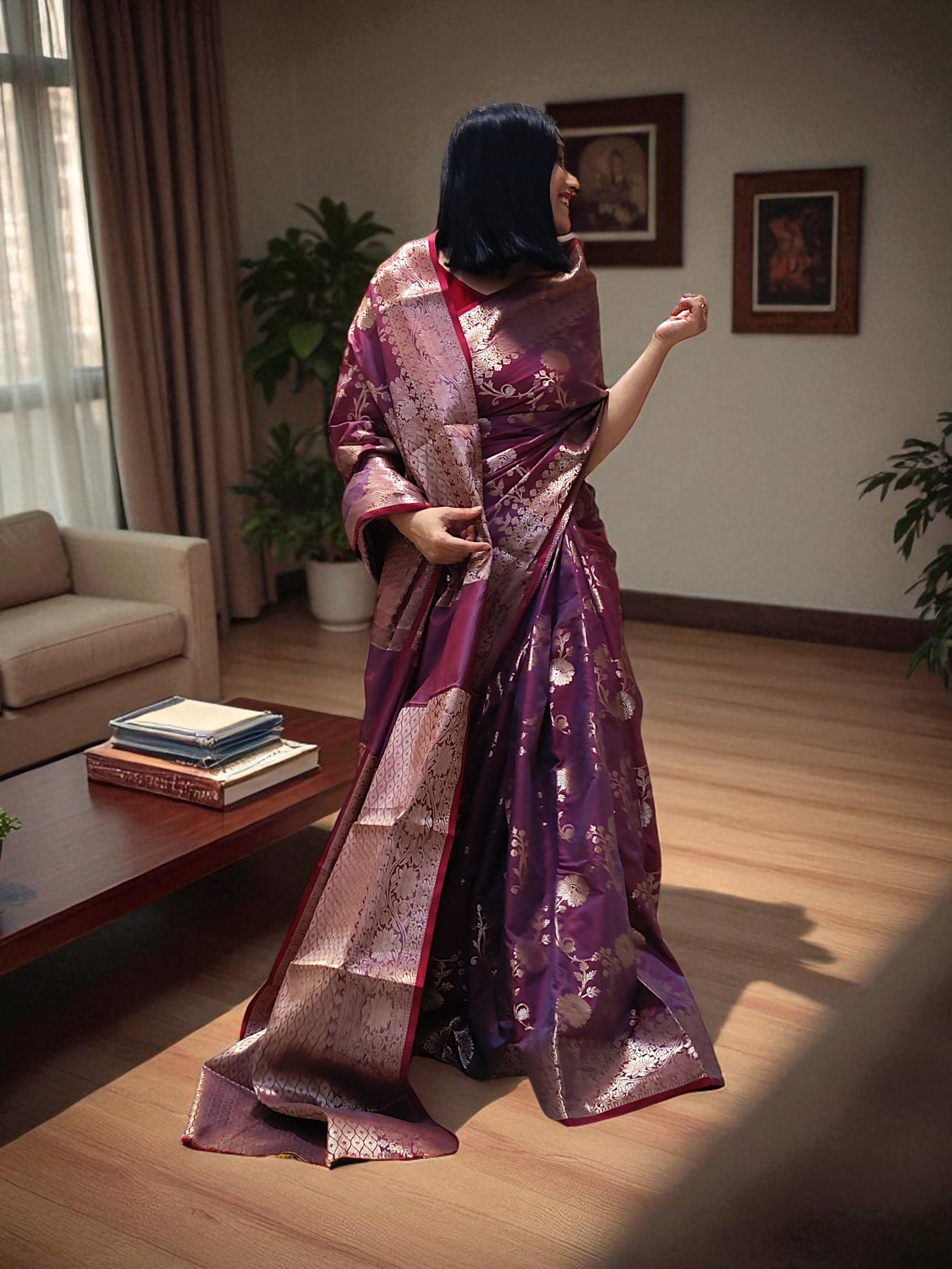 Wine Purple Banarasi Silk Saree for Women with Floral Garden Motifs & Heavy Pallu