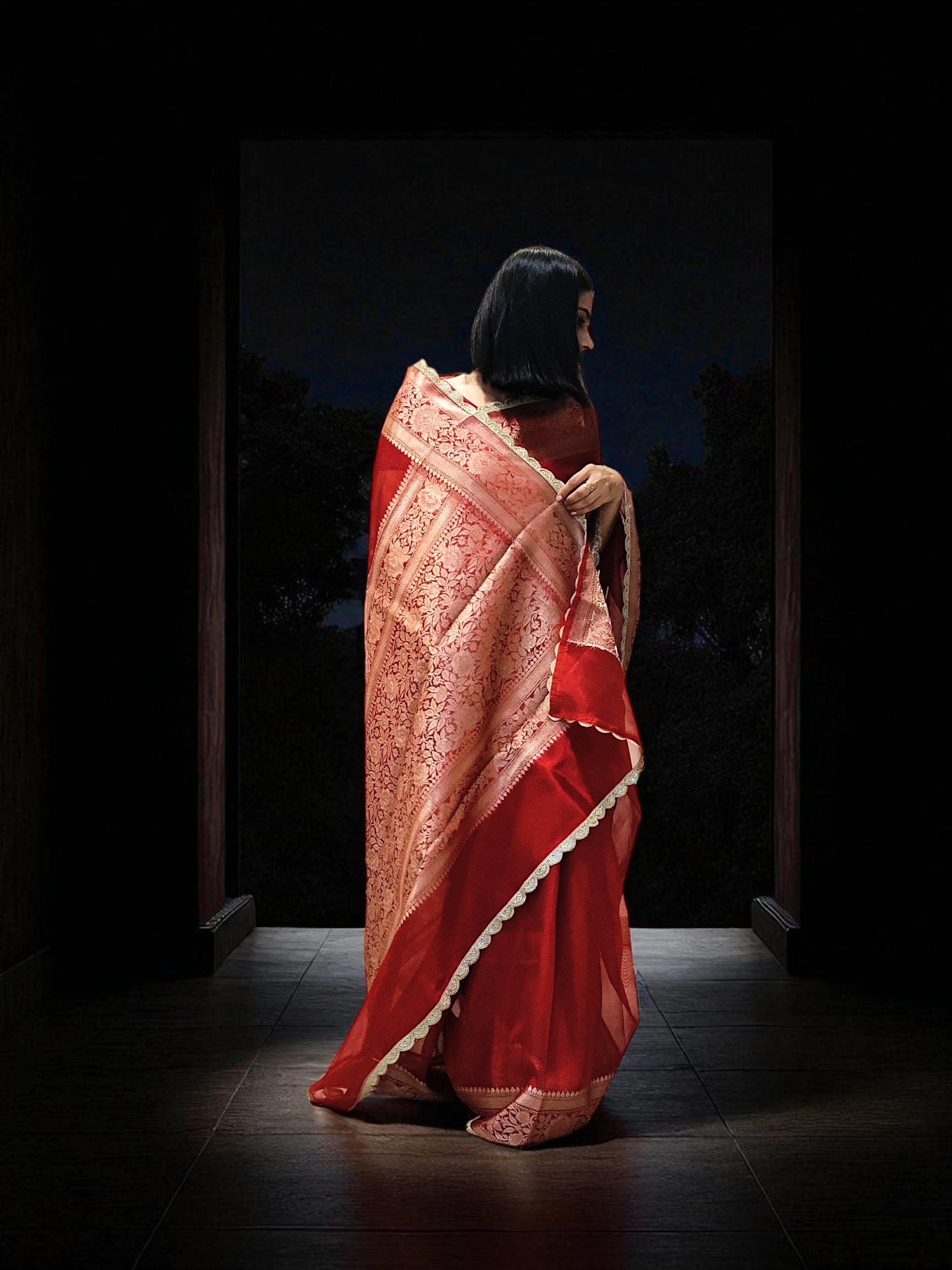 Maharani Red Banarasi Silk Saree with Intricate Zari Brocade &amp; Lace Detailing