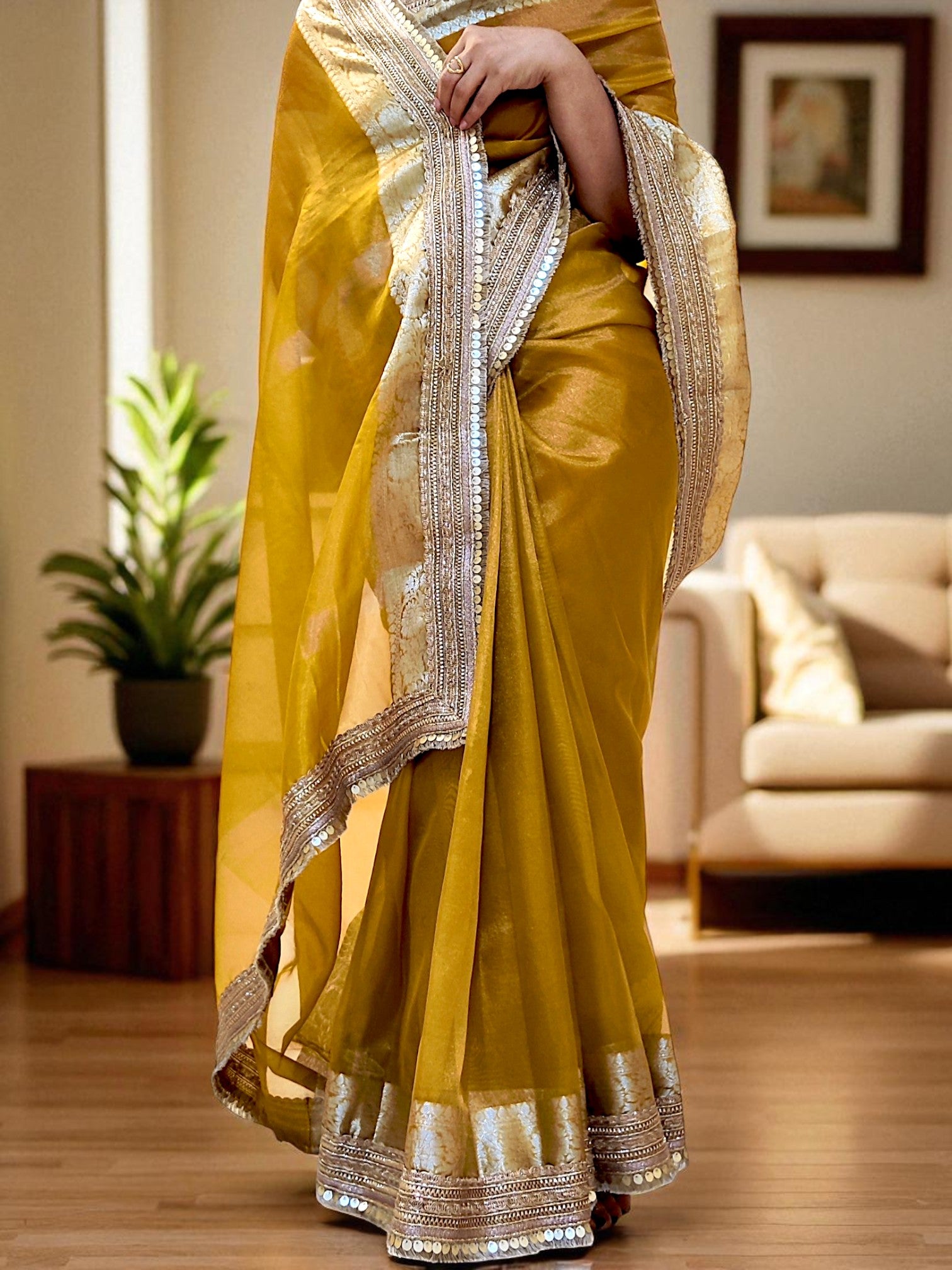 Golden Yellow Maharani Tissue Saree with Zari & Lace Border 