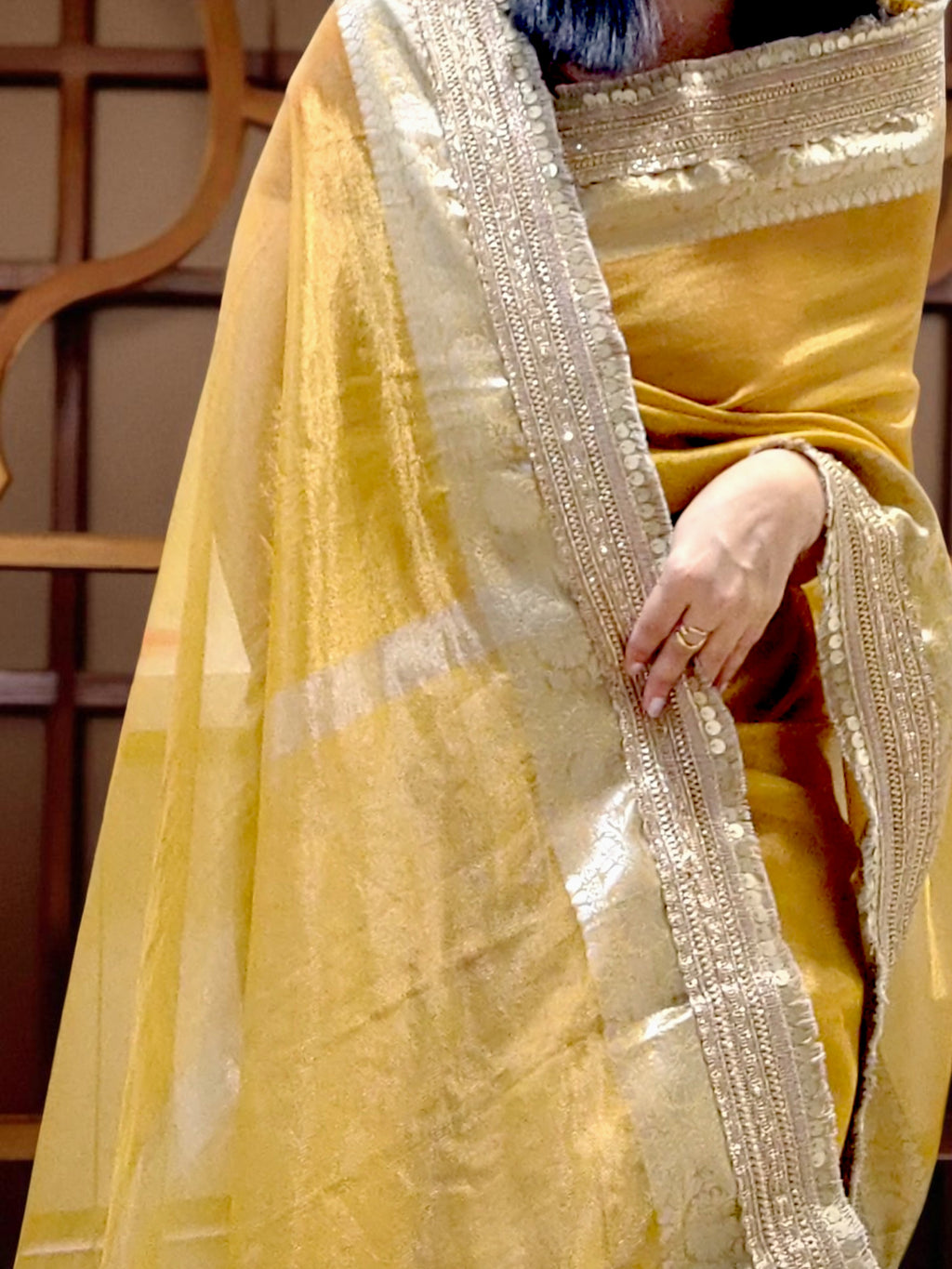 Golden Yellow Maharani Tissue Saree with Zari &amp; Lace Border&nbsp;