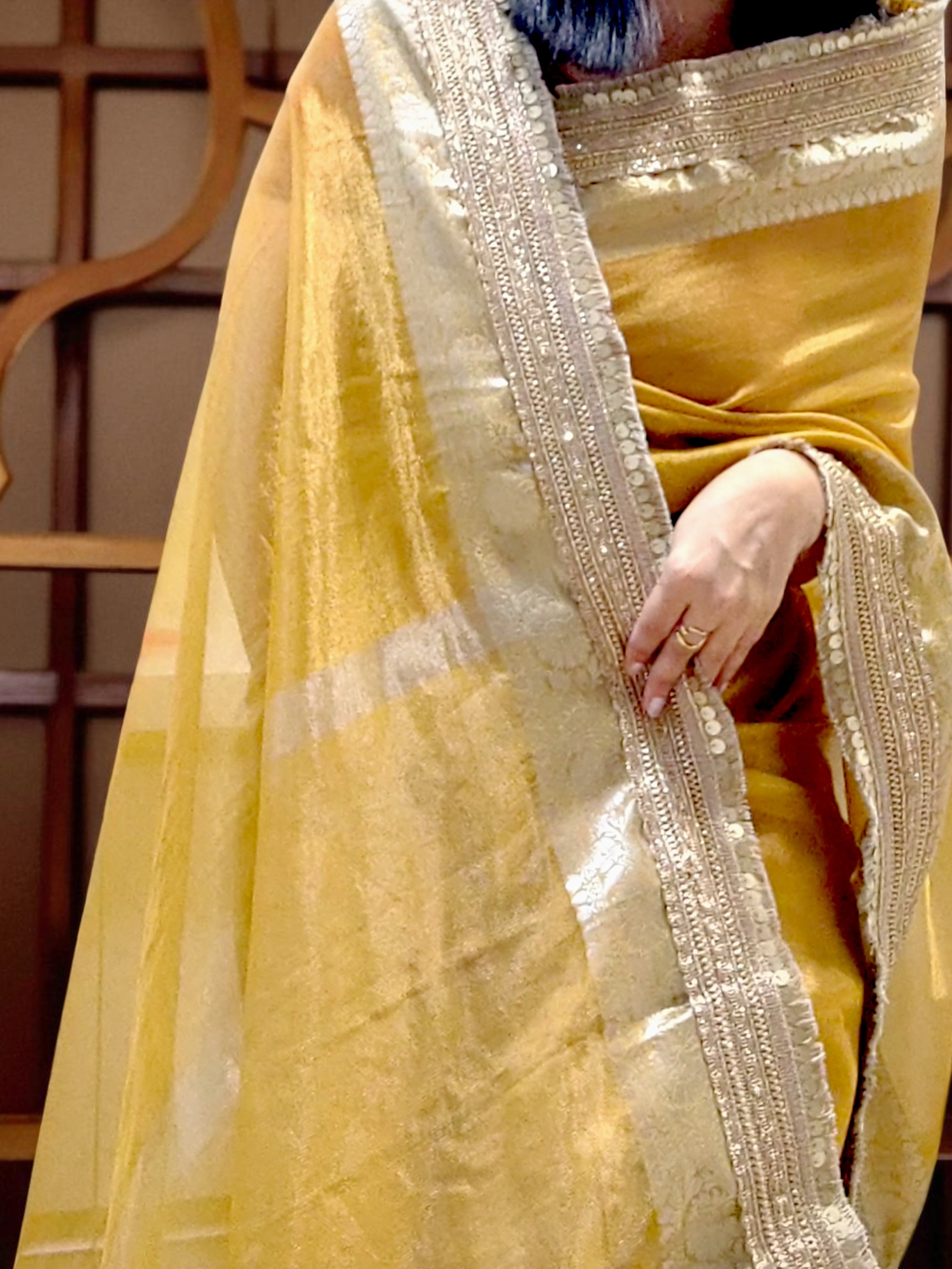 Golden Yellow Maharani Tissue Saree with Zari &amp; Lace Border&nbsp;