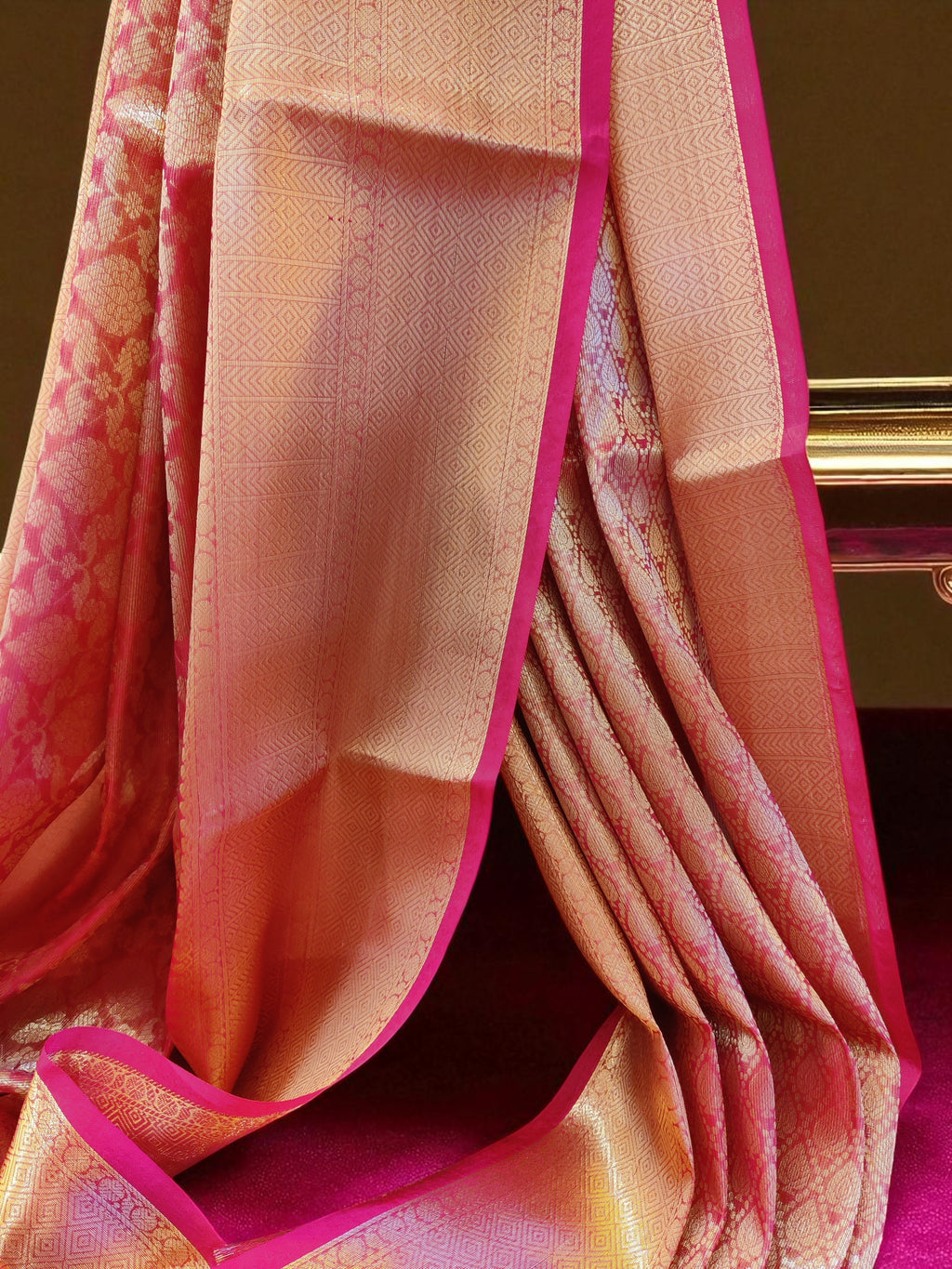 Pink Banarasi Silk Saree with Rich Golden Zari Brocade Work
